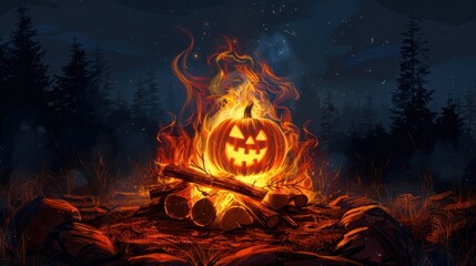 Wall Mural - A Halloween pumpkin with a carved face lit above a bonfire with an atmosphere that suggests mystery and joy on Halloween night.