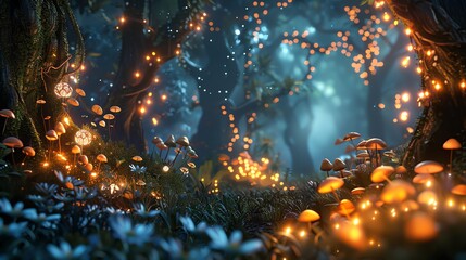 Poster - A magical forest at night with glowing mushrooms and lights.