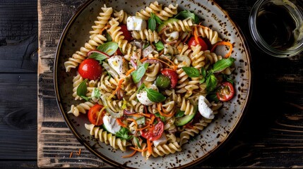 Wall Mural - A vibrant pasta salad featuring cherry tomatoes, fresh basil, mozzarella, and a light vinaigrette, served on a rustic wooden table.