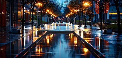 Wall Mural - rain street with light reflecting from the rain water abstract background of the street with street lamps glowing and shinning 