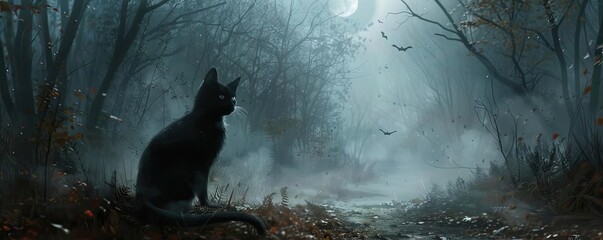 A black cat sits silently in a misty forest under a full moon, creating an eerie and mysterious atmosphere.