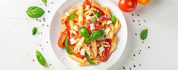 Wall Mural - Delicious Italian pasta with fresh tomatoes, basil leaves, and grated cheese in a white dish, garnished for a perfect meal.