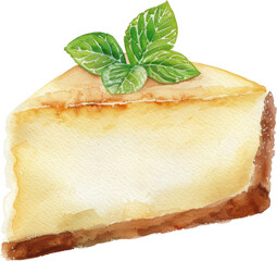 Poster - Watercolor Cheesecake Slice with Mint Leaves isolated on a transparent Background.