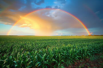 Wall Mural - Rainbow arcing over a field after a summer rain