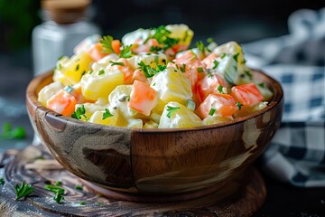 Wall Mural - Delicious bowl of potato salad with carrots, garnished with fresh parsley, perfect for a healthy and colorful meal.