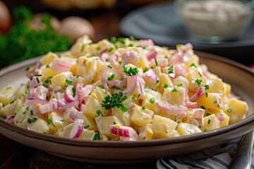 Wall Mural - Fresh potato salad with red onions, parsley, and creamy dressing, served in a rustic bowl on a wooden table.
