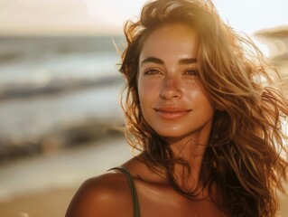 Wall Mural - portrait of confident woman on beach windswept hair and natural beauty emphasized golden hour lighting enhancing warm skin tones serene ocean backdrop