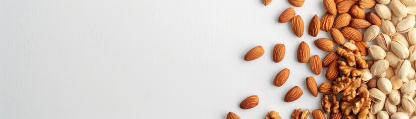 Assorted nuts and seeds on white background, including almonds, hazelnuts, and grains. Healthy eating concept with space for text.