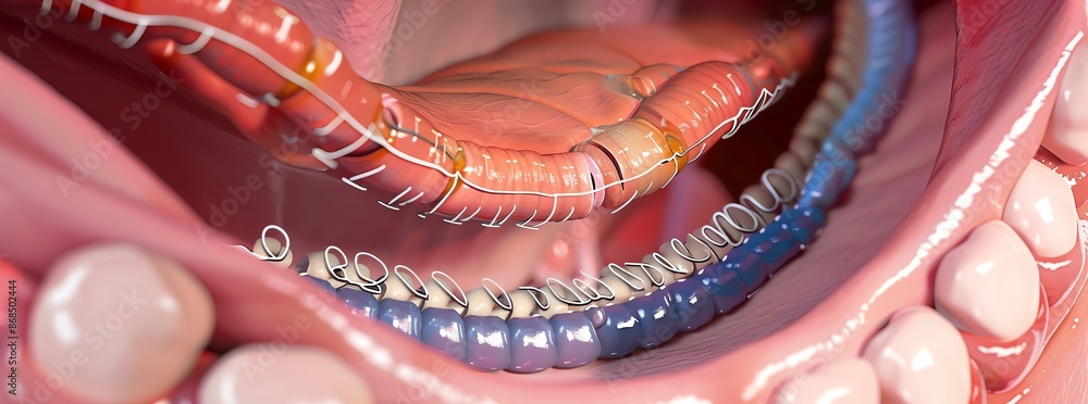 Detailed 3D illustration of a human mouth showing dental braces, gums ...