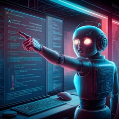 Cyber digital world android robot pointing finger computer coding AI chatbot background futuristic future digital technology artificial intelligence automated. Computer programming knowledge concept S