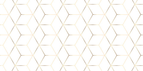 Wall Mural - Abstract seamless Vector hexagonal illustration seamless wallpaper wire design. creative diamond surface web structure honeycomb gold line square element digital geometric pattern white background.