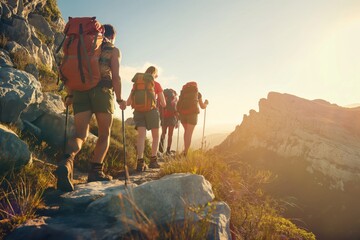 A group of friends hiking in the mountains, wearing backpacks and carrying walking sticks. The background is a mountain landscape with rstunning scenery. Adventure travel and outdoor concept.