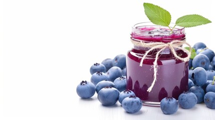 Wall Mural - Jar of blueberry jam surrounded by fresh blueberries and a sprig of leaves, isolated on a white background.