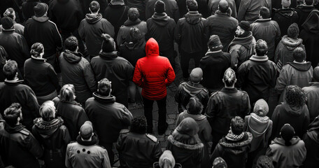 Wall Mural - Colored man standing out from large crowd of black and white people. Stand out from the crowd concept. 