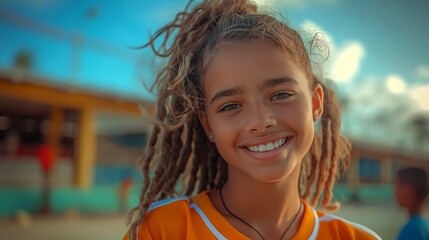 A young girl with dreadlocks is smiling and wearing an orange shirt. Concept of happiness and positivity