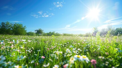 a tranquil meadow with wildflowers in full bloom, under a bright and clear blue sky.