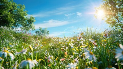 a tranquil meadow with wildflowers in full bloom, under a bright and clear blue sky.