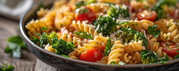 Close-up of a delicious pasta salad with cherry tomatoes, broccoli, and grated cheese in a bowl, perfect for a healthy and colorful meal.