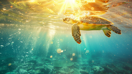 Wall Mural - Turtle is a big plan, floating into the water, sun from the surface, sun rays, turtles in the center of the frame