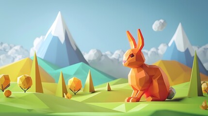 Wall Mural - Fiery Polygonal Rabbit in Abstract 3D Landscape