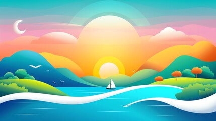 Sunny sky landscape flat design top view summer theme water color vivid