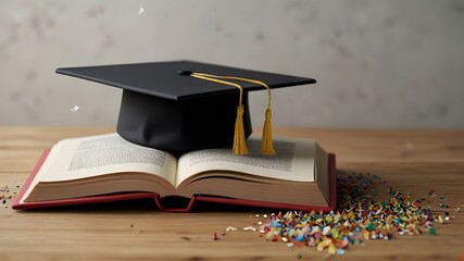 AI generated confetti and graduation cap on top of an open book
