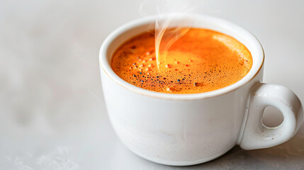 Wall Mural - A close-up shot of a steaming cup of espresso with a perfect crema, isolated on a pristine white background