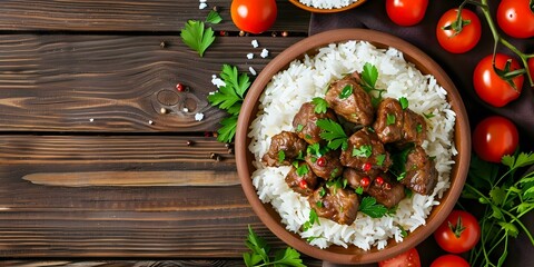 Wall Mural - Spicy Asian Meat Dish with Rice, Tomatoes, and Parsley on Wooden Background. Concept Asian Cuisine, Spicy Dish, Rice Recipes, Tomato Dishes, Cooking with Parsley
