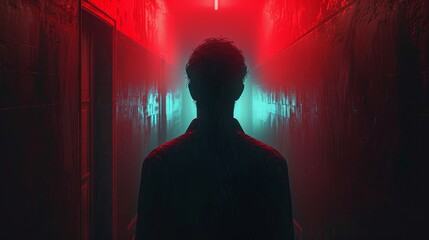 A man is standing in a dark hallway with neon lights