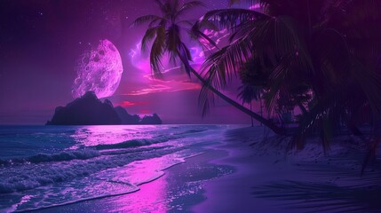Wall Mural - Magical Neon Night Beach Overlooking Space, Spring Vibes