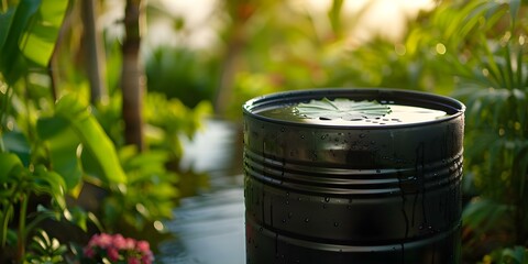 Eco-friendly Rainwater Harvesting System Using a Garden Barrel for Water Conservation. Concept sustainable living, rainwater harvesting, water conservation, eco-friendly practices, garden barrels