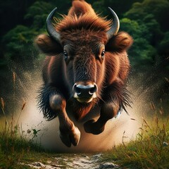 Wall Mural - a female bison running fast in the tall grass, motion blur and a fast shutter speed
