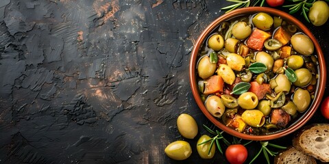 Wall Mural - Overhead view of Portuguese bacalhau bras with olives and copy space - Rich image. Concept Food Photography, Bacalhau Bras, Portuguese Cuisine, Olives, Copy Space