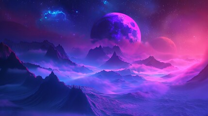 Wall Mural - Enchanting Neon Space Landscape with Star Nebulae, Moonlit Mountains, and Mystical Fog - Fantasy Zodiac Horoscope Scene, 3D Illustration