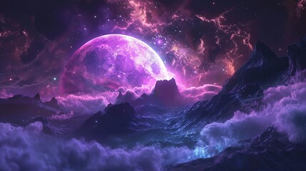 Wall Mural - Enchanting Neon Space Landscape with Star Nebulae, Moonlit Mountains, and Mystical Fog - Fantasy Zodiac Horoscope Scene, 3D Illustration