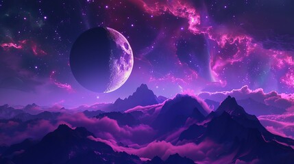 Wall Mural - Enchanting Neon Space Landscape with Star Nebulae, Moonlit Mountains, and Mystical Fog - Fantasy Zodiac Horoscope Scene, 3D Illustration