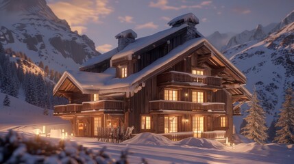 Wall Mural - cozy alpine ski lodge with exterior wood cladding and a warm, inviting glow