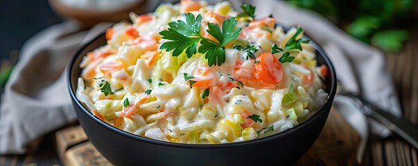 Wall Mural - Fresh and creamy coleslaw in a black bowl, garnished with a parsley leaf, perfect for BBQs, picnics, and side dishes, on a rustic wooden table.