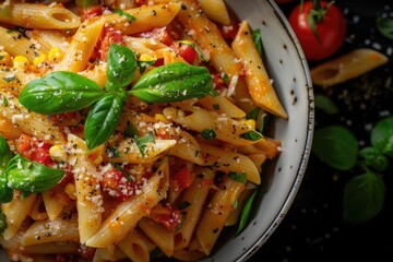 Wall Mural - Delicious penne pasta dish garnished with fresh basil, tomato, and herbs, served in a bowl on a dark background, perfect for a savory meal.