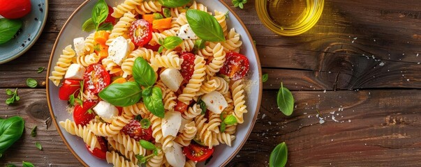 Wall Mural - Delicious Italian pasta salad with fresh tomatoes, mozzarella, basil, and olive oil on a rustic wooden table.