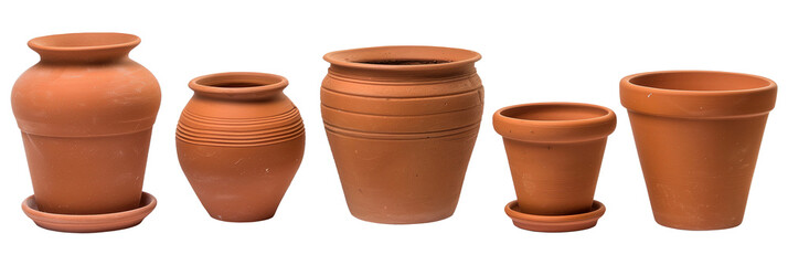 Set of clay planters isolated on transparent or white background, png