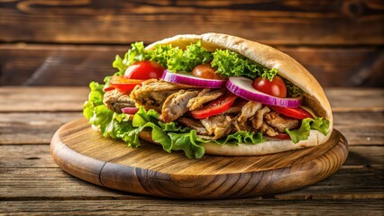 Poster - Doner Kebab fast food on a wooden board panorama, kebab, doner, Turkish, fast food, flatbread, grilled meat