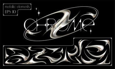 Set of neotribal metallic elements. Tattoo style chrome vector illustrations.