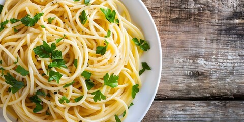 Canvas Print - Closeup of cacio e pepe spaghetti garnished with parsley on a wooden table. Concept Food Photography, Italian Cuisine, Pasta Presentation, Fresh Ingredients, Culinary Art