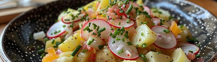 Wall Mural - Fresh potato salad with radish, chives, and herbs served in a rustic bowl. Perfect for a healthy meal or summer picnic.