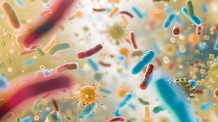 Wall Mural - Abstract visualization of probiotics and gram positive bacteria mixed with various virus shapes set against a light backgrou