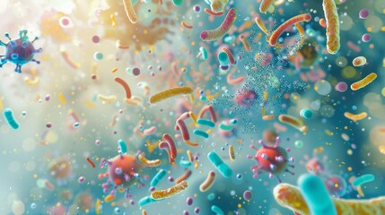 Poster - Abstract visualization of probiotics and gram positive bacteria mixed with various virus shapes set against a light backgrou