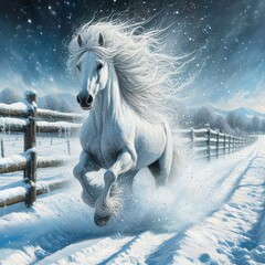 Wall Mural - Digital painting of a white long haired horse running through snow