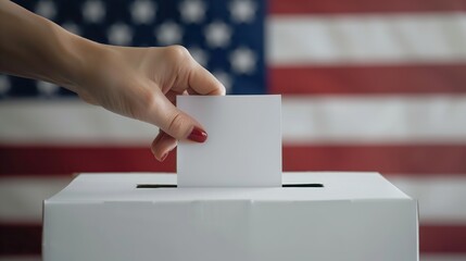 Wall Mural - Election in United States of America. Voter holds envelope in hand above vote ballot. USA flags in background. High quality photo.