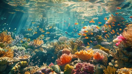 A mesmerizing view of a coral reef with vibrant marine life and clear blue water